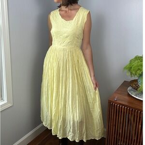 Vintage 90s KDS Floral Embroidered Butter Yellow Sundress Maxi Dress Cottagecore